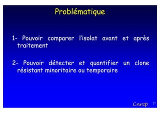 Problématique


1- Pouvoir comparer l’isolat avant et après
  traitement

2- Pouvoir détecter et quantifier un clone
  résistant minoritaire ou temporaire




                                     Cnrcp    27
 