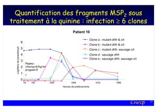 Quantification des fragments MSP2 sous
traitement à la quinine : infection ≥ 6 clones
                                                                   Patient 10

                                                                                    Clone a : mutant dhfr & crt
                              6
                                                                                    Clone b : mutant dhfr & crt
  Log(Nbre de parasites/µl)




                              5                                                     Clone c : mutant dhfr, sauvage crt
                              4                                                     Clone d : sauvage dhfr
                                                                                    Clone e : sauvage dhfr, sauvage crt
                              3
                                   Plasma :
                              2    chloroq=67ng/ml
                                   proguan=0
                              1
                                   →




                              0
                                  Hi   H4            H24          H48                    H72             H96
                                                           Heures de prélèvements




                                                                                                                  Cnrcp   33
 