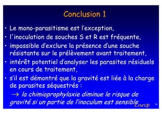 Conclusion 1
• Le mono-parasitisme est l’exception,
• l'inoculation de souches S et R est fréquente,
• impossible d’exclure la présence d’une souche
  résistante sur le prélèvement avant traitement,
• intérêt potentiel d’analyser les parasites résiduels
  en cours de traitement,
• s’il est démontré que la gravité est liée à la charge
  de parasites séquestrés :
  → la chimioprophylaxie diminue le risque de
 gravité si un partie de l’inoculum est sensible
                                               Cnrcp      34
 