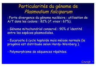 Particularités du génome de
           Plasmodium falciparum
- Forte divergence du génome nucléaire : utilisation de
A/T dans les codons : 82% (P. vivax : 67%).

- Génome mitochondrial conservé : 90% d ’identité
entre les espèces plasmodiales.

- Eucaryote à cycle haploïde mais méiose normale (la
progénie est distribuée selon Hardy-Weinberg ).

- Polymorphisme de séquences répétées.


                                                  Cnrcp   6
 