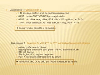    Cas clinique 1 : Seroreversion B
           >10 ans post-greffe : profil de guérison du receveur

           01/07 : bolus CORTICOIDES pour rejet sévère

           07/07 : Ac HBs+  Ag HBs+, PCR HBV > 105 log UI/ml, ALT> 5n

           11/07 : sous baraclude: ALT nles et PCR < 3 log, PBH : A1F1


          Séroréversion possible si IS majorée




     Cas clinique 2: Sérologie Ac VHC 2ème ou 3ème génération faussement négative
            patient greffé depuis 15 ans,
            hépatopathie chronique post greffe (F3-F4) étiquetée NASH
            IRC pré dialyse
            Sérologies HCV toujours négatives
            PCR + sur analyse rétrospective du sérum

          Faire ARN VHC (> Ac VHC ) si ↑ALAT et facteurs de risque
 