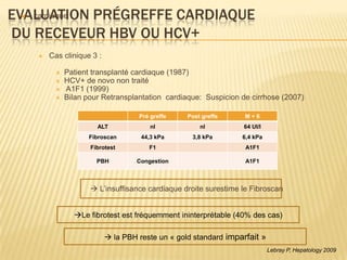 EVALUATION PRÉGREFFE CARDIAQUE
  cardiaque

DU RECEVEUR HBV OU HCV+
        Cas clinique 3 :

             Patient transplanté cardiaque (1987)
             HCV+ de novo non traité
             A1F1 (1999)
             Bilan pour Retransplantation cardiaque: Suspicion de cirrhose (2007)

                                     Pré greffe    Post greffe     M+6
                       ALT               nl            nl         64 UI/l
                     Fibroscan        44,3 kPa      3,8 kPa       6,4 kPa
                     Fibrotest          F1                         A1F1

                       PBH           Congestion                    A1F1



                      L’insuffisance cardiaque droite surestime le Fibroscan


                Le fibrotest est fréquemment ininterprétable (40% des cas)

                             la PBH reste un « gold standard imparfait »
                                                                            Lebray P, Hepatology 2009
 