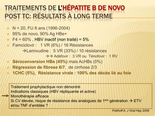 TRAITEMENTS DE L’HÉPATITE B DE NOVO
POST TC: RÉSULTATS À LONG TERME
    N = 20, FU 8 ans (1996-2004)
    95% de novo, 90% Ag HBe+
    F4 = 60% , HBV inactif (non traité) = 5%
    Famciclovir : 1 VR (6%) / 16 Résistances
          Lamivudine : 5 VR (33%) / 10 résistances
                        Adéfovir : 3 VR ou Ténofovir : 1 RV
    Séroconversion HBe (45%) mais AcHBs (0%)
    Régression de fibrose 6/7, de cirrhose 2/3
    1CHC (5%), Résistance virale : 100% des décès lié au foie


    Traitement prophylactique non démontré
    Indications classiques (HBV répliquante et active)
    Monothérapie efficace
    Si CV élevée, risque de résistance des analogues de 1ère génération  ETV
    et/ou TNF d’emblée ?
                                                            Potthoff A, J Viral Hep 2006
 