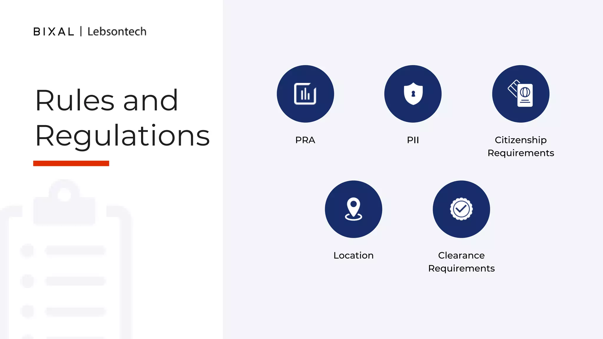 Rules and
Regulations PRA Citizenship
Requirements
Clearance
Requirements
PII
Location
 