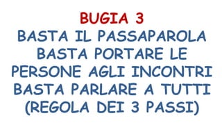 BUGIA 3
BASTA IL PASSAPAROLA
BASTA PORTARE LE
PERSONE AGLI INCONTRI
BASTA PARLARE A TUTTI
(REGOLA DEI 3 PASSI)
 