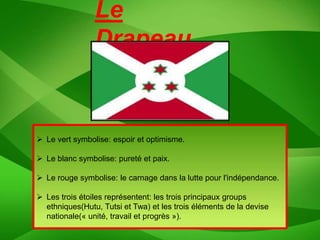 Le
                Drapeau


 Le vert symbolise: espoir et optimisme.

 Le blanc symbolise: pureté et paix.

 Le rouge symbolise: le carnage dans la lutte pour l'indépendance.

 Les trois étoiles représentent: les trois principaux groups
  ethniques(Hutu, Tutsi et Twa) et les trois éléments de la devise
  nationale(« unité, travail et progrès »).
 