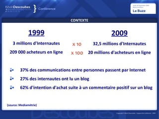 CONTEXTE


              1999                                     2009
    3 millions d'Internautes       x 10       32,5 millions d'Internautes
 209 000 acheteurs en ligne       x 100 20 millions d'acheteurs en ligne


         37% des communications entre personnes passent par Internet
         27% des internautes ont lu un blog
         62% d'intention d'achat suite à un commentaire positif sur un blog


(source: Mediamétrie)
 