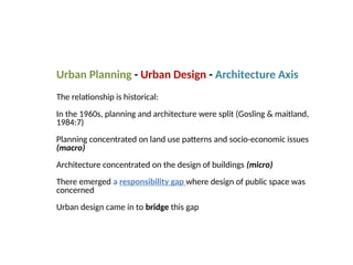 09/05/2025
24
The relationship is historical:
In the 1960s, planning and architecture were split (Gosling & maitland,
1984:7)
Planning concentrated on land use patterns and socio-economic issues
(macro)
Architecture concentrated on the design of buildings (micro)
There emerged a responsibility gap where design of public space was
concerned
Urban design came in to bridge this gap
Urban Planning - Urban Design - Architecture Axis
 