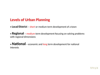 09/05/2025
37
T/Y-1/4
Prepared by:
Asst. Prof. Dr. Syeda Jafrina Nancy
Levels of Urban Planning
• Local/District – short or medium term development of a town
• Regional – medium term development focusing on solving problems
with regional dimensions
• National– economic and long term development for national
interests
 