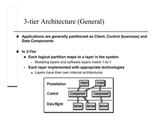 3-tier Architecture (General)
Applications are generally partitioned as Client, Control (business) and
Data Components
In 3-Tier
Each logical partition maps to a layer in the system
Modeling layers and software layers match 1-to-1
Each layer implemented with appropriate technologies
Layers have their own internal architectures
 