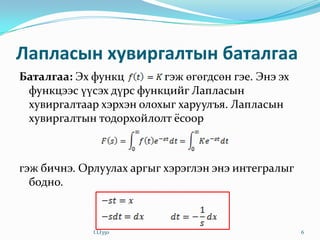 Лапласын хувиргалтын баталгаа
Баталгаа: Эх функц
гэж өгөгдсөн гэе. Энэ эх
функцээс үүсэх дүрс функцийг Лапласын
хувиргалтаар хэрхэн олохыг харуулъя. Лапласын
хувиргалтын тодорхойлолт ёсоор

гэж бичнэ. Орлуулах аргыг хэрэглэн энэ интегралыг
бодно.

I.LI350

6

 