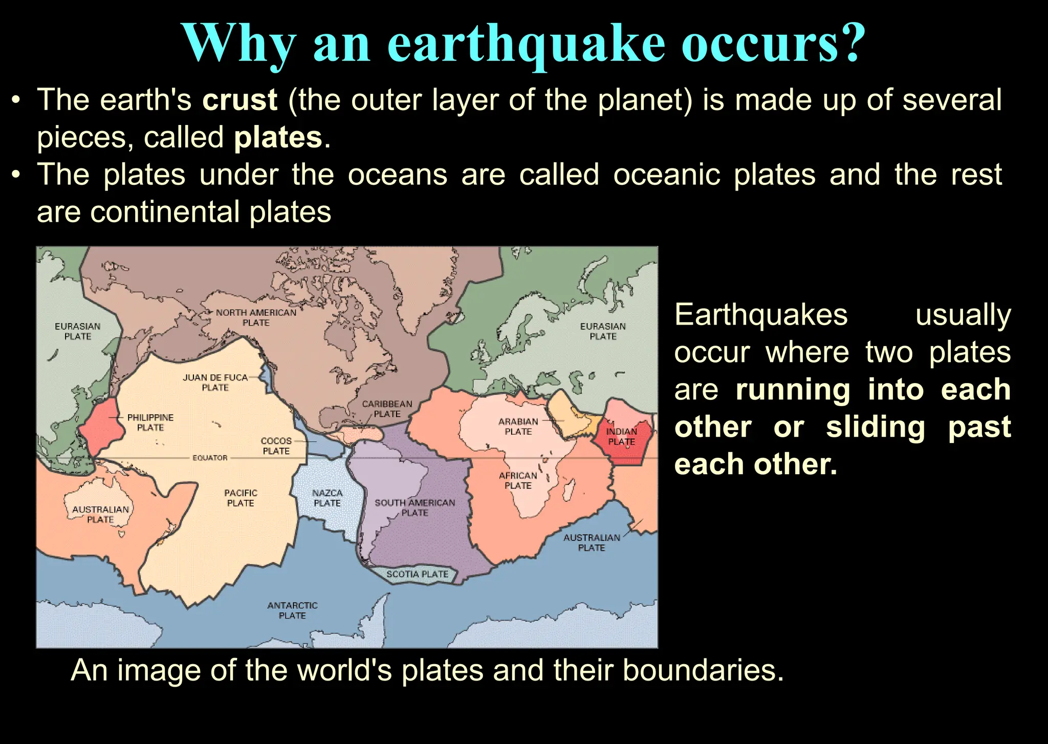Why an earthquake occurs?
• The earth's crust (the outer layer of the planet) is made up of several
pieces, called plates.
• The plates under the oceans are called oceanic plates and the rest
are continental plates
Earthquakes usually
occur where two plates
are running into each
other or sliding past
each other.
An image of the world's plates and their boundaries.
 