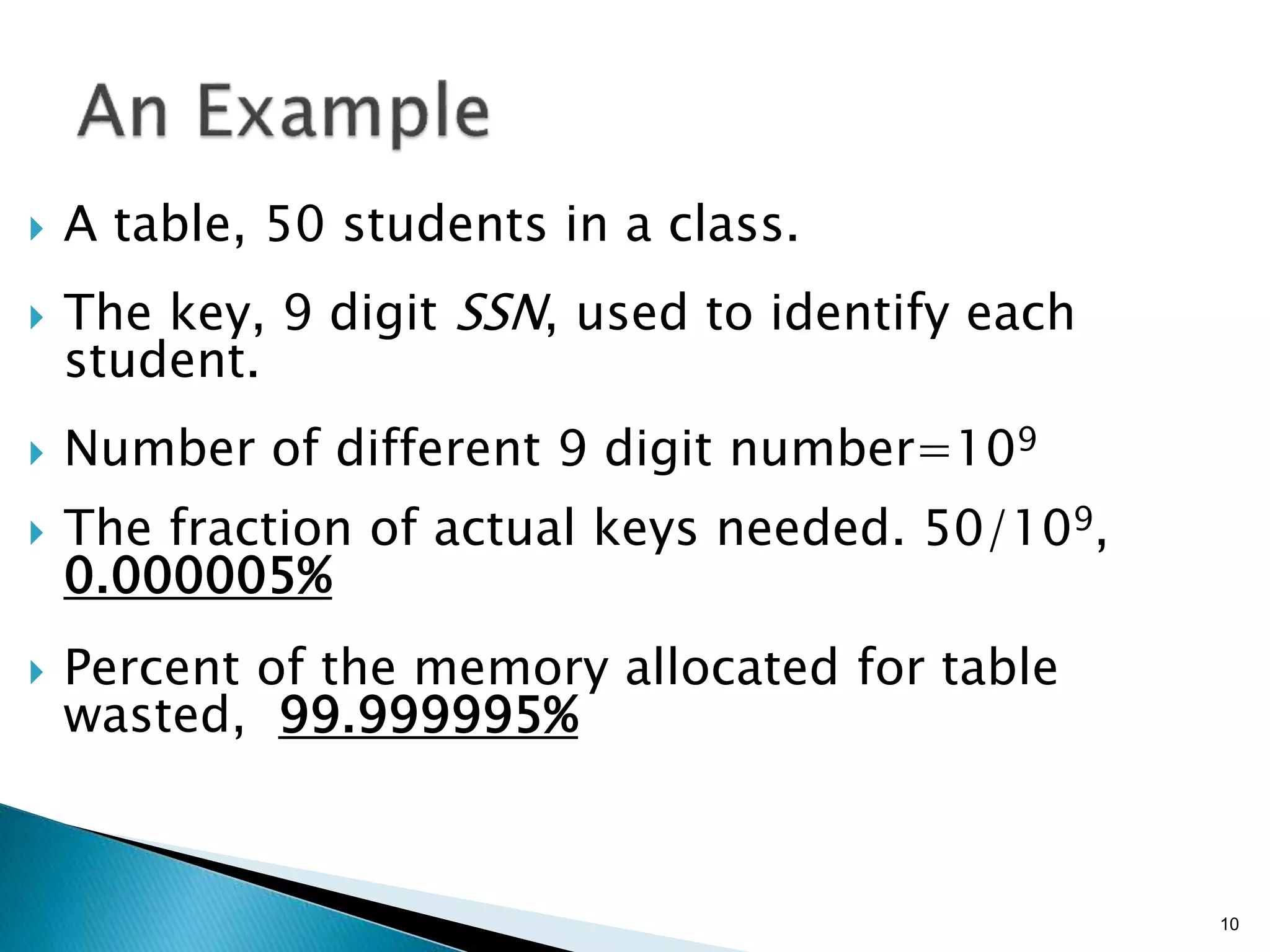  A table, 50 students in a class.
 The key, 9 digit SSN, used to identify each
student.
 Number of different 9 digit number=109
 The fraction of actual keys needed. 50/109,
0.000005%
 Percent of the memory allocated for table
wasted, 99.999995%
10
 