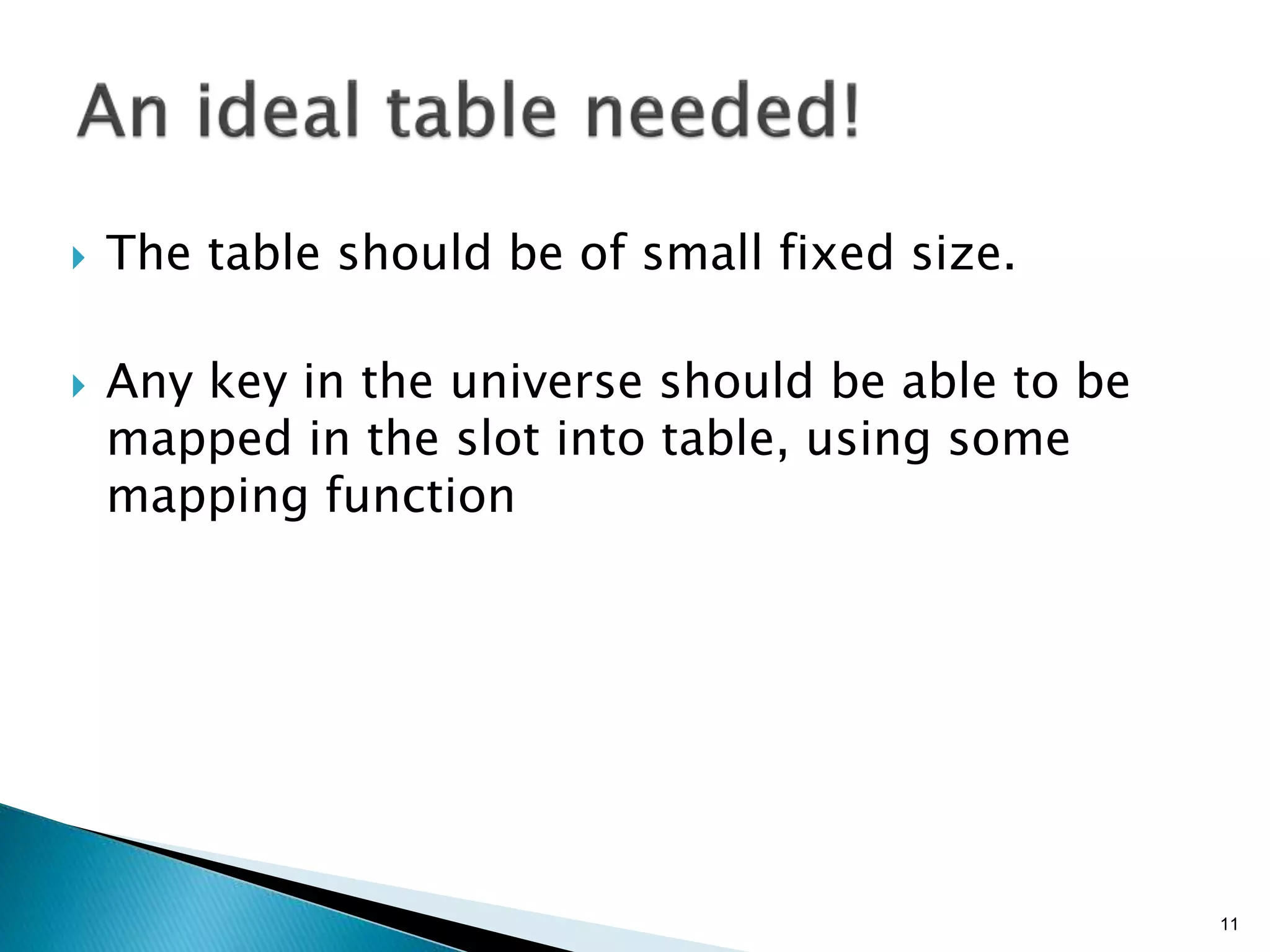  The table should be of small fixed size.
 Any key in the universe should be able to be
mapped in the slot into table, using some
mapping function
11
 