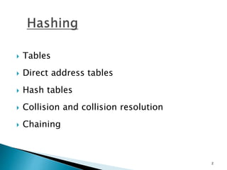  Tables
 Direct address tables
 Hash tables
 Collision and collision resolution
 Chaining
2
 