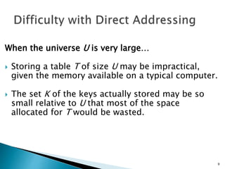 When the universe U is very large…
 Storing a table T of size U may be impractical,
given the memory available on a typical computer.
 The set K of the keys actually stored may be so
small relative to U that most of the space
allocated for T would be wasted.
9
 