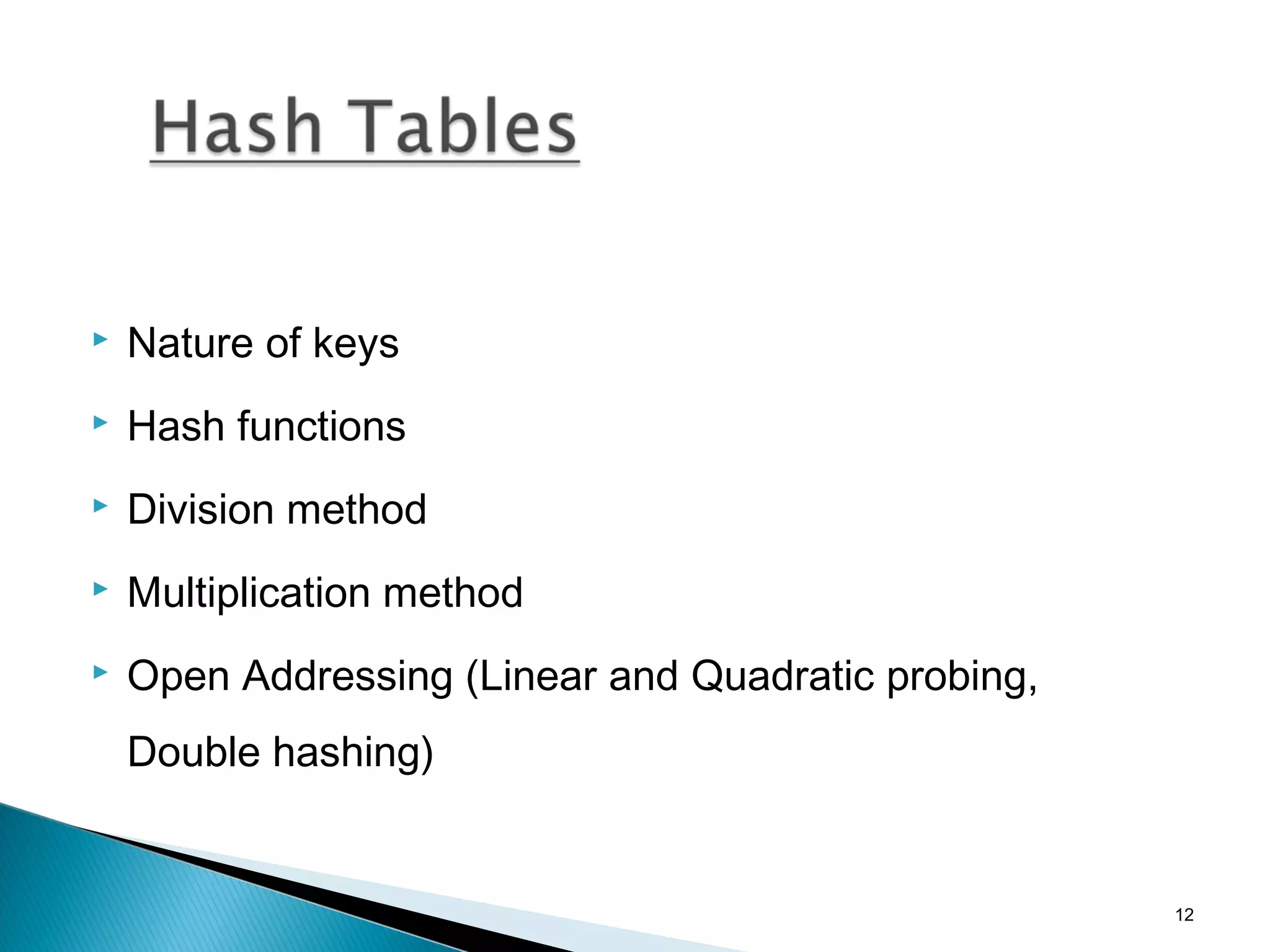  Nature of keys
 Hash functions
 Division method
 Multiplication method
 Open Addressing (Linear and Quadratic probing,
Double hashing)
12
 