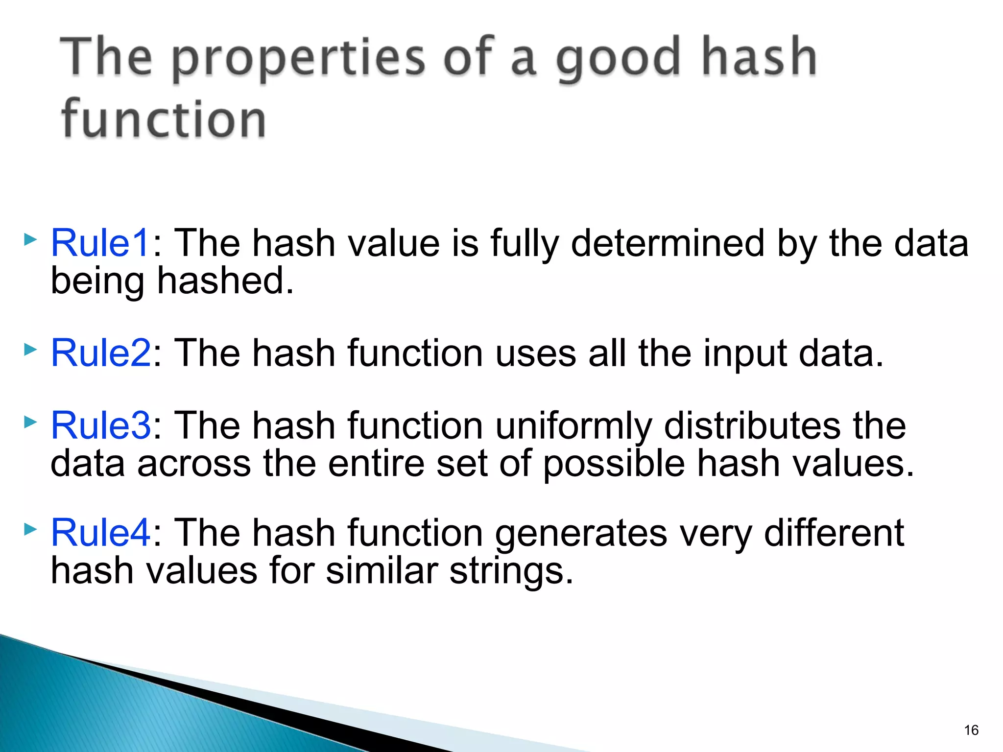  Rule1: The hash value is fully determined by the data
being hashed.
 Rule2: The hash function uses all the input data.
 Rule3: The hash function uniformly distributes the
data across the entire set of possible hash values.
 Rule4: The hash function generates very different
hash values for similar strings.
16
 