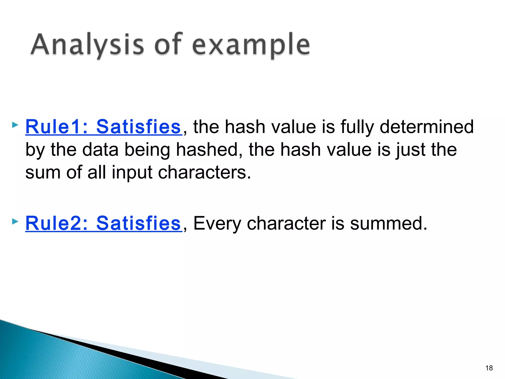  Rule1: Satisfies, the hash value is fully determined
by the data being hashed, the hash value is just the
sum of all input characters.
 Rule2: Satisfies, Every character is summed.
18
 