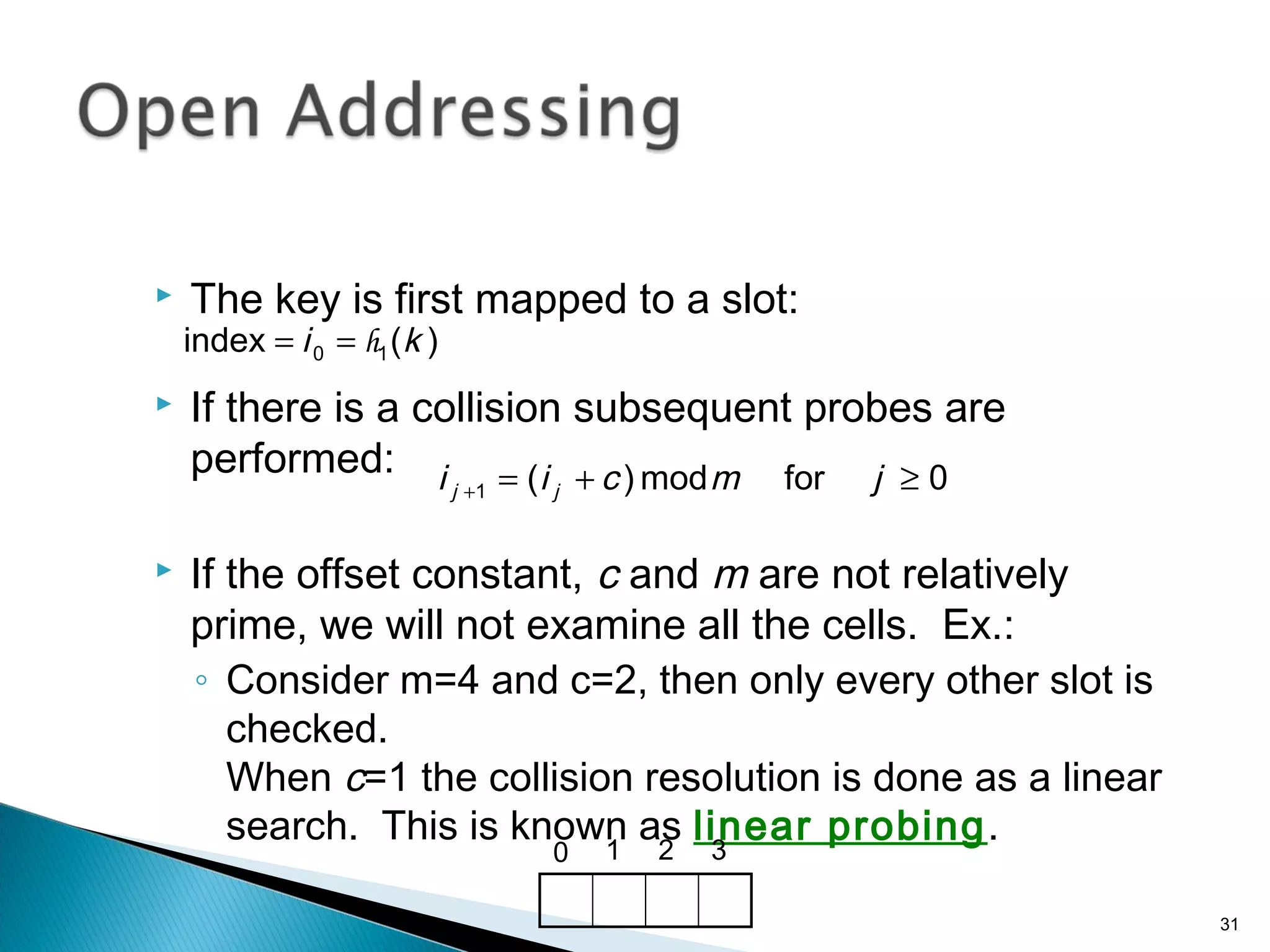  The key is first mapped to a slot:
 If there is a collision subsequent probes are
performed:
 If the offset constant, c and m are not relatively
prime, we will not examine all the cells. Ex.:
◦ Consider m=4 and c=2, then only every other slot is
checked.
When c=1 the collision resolution is done as a linear
search. This is known as linear probing.
)(index 10 ki h==
0formod)(1 ≥+=+ jmcii jj
0 1 2 3
31
 