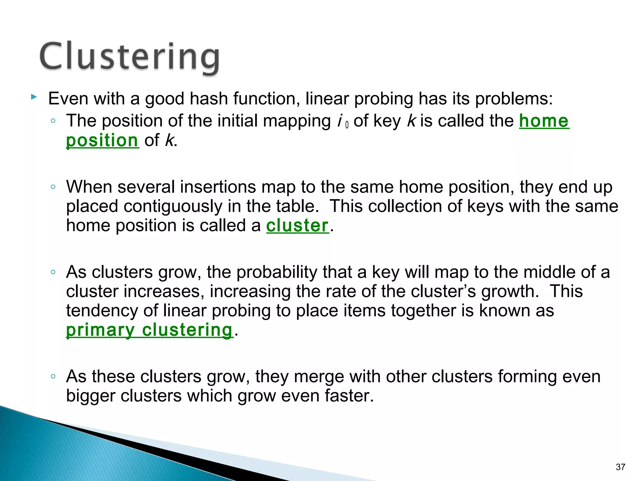  Even with a good hash function, linear probing has its problems:
◦ The position of the initial mapping i 0 of key k is called the home
position of k.
◦ When several insertions map to the same home position, they end up
placed contiguously in the table. This collection of keys with the same
home position is called a cluster.
◦ As clusters grow, the probability that a key will map to the middle of a
cluster increases, increasing the rate of the cluster’s growth. This
tendency of linear probing to place items together is known as
primary clustering.
◦ As these clusters grow, they merge with other clusters forming even
bigger clusters which grow even faster.
37
 
