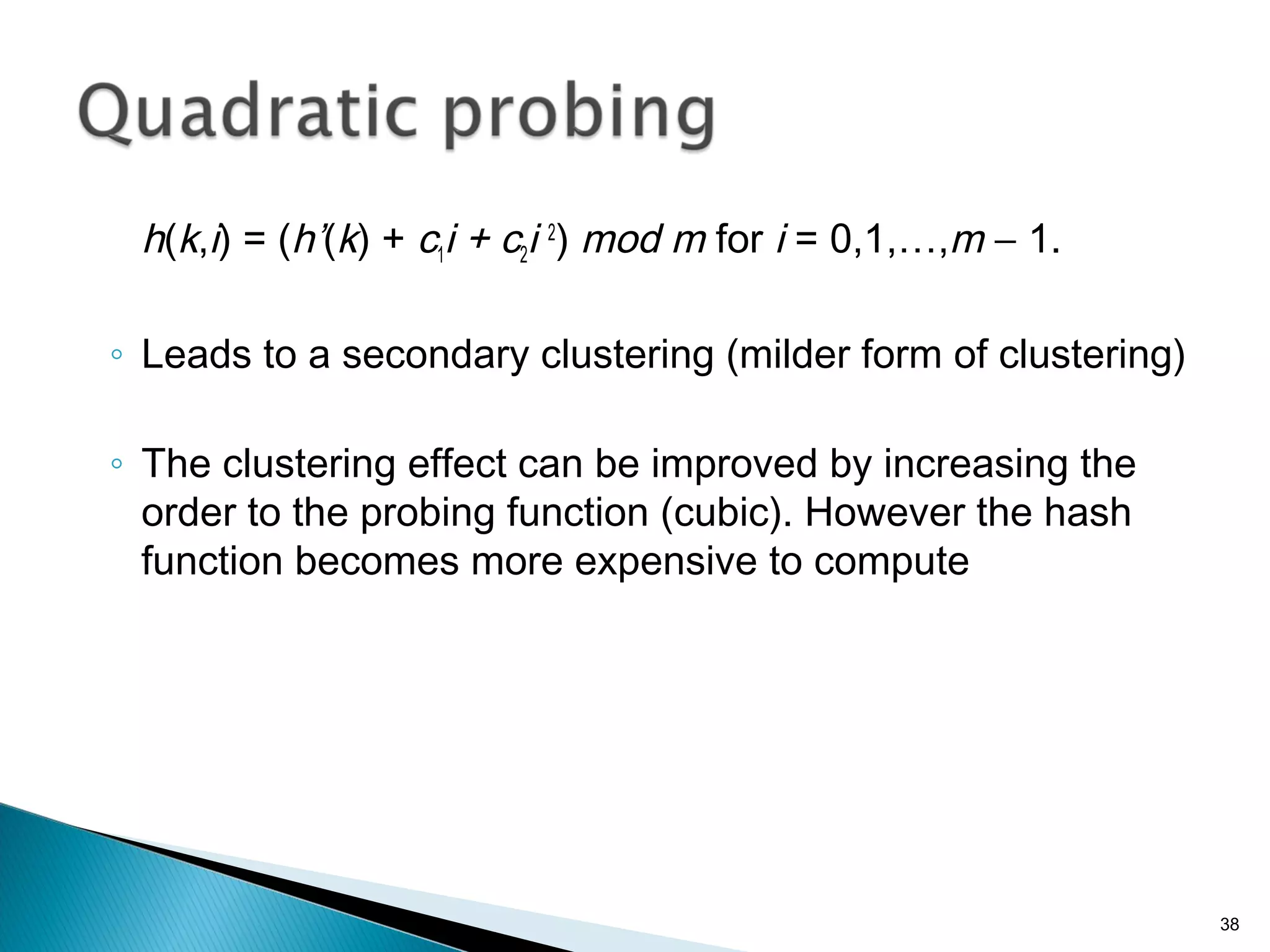h(k,i) = (h’(k) + c1i + c2i 2
) mod m for i = 0,1,…,m − 1.
◦ Leads to a secondary clustering (milder form of clustering)
◦ The clustering effect can be improved by increasing the
order to the probing function (cubic). However the hash
function becomes more expensive to compute
38
 