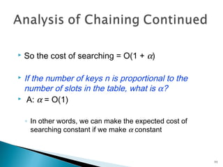  So the cost of searching = O(1 + α)
 If the number of keys n is proportional to the
number of slots in the table, what is α?
 A: α = O(1)
◦ In other words, we can make the expected cost of
searching constant if we make α constant
11
 