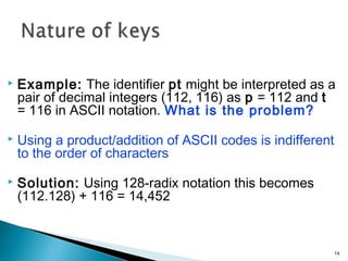  Example: The identifier pt might be interpreted as a
pair of decimal integers (112, 116) as p = 112 and t
= 116 in ASCII notation. What is the problem?
 Using a product/addition of ASCII codes is indifferent
to the order of characters
 Solution: Using 128-radix notation this becomes
(112.128) + 116 = 14,452
14
 