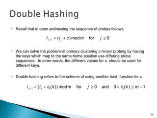  Recall that in open addressing the sequence of probes follows
 We can solve the problem of primary clustering in linear probing by having
the keys which map to the same home position use differing probe
sequences. In other words, the different values for c should be used for
different keys.
 Double hashing refers to the scheme of using another hash function for c
0formod)(1 ≥+=+ jmcii jj
1)(0and0formod))(( 221 −≤<≥+=+ mkjmkii jj hh
39
 