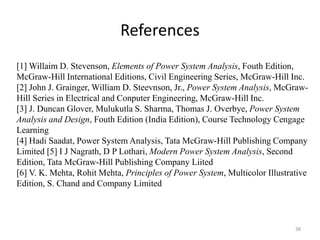 38
References
[1] Willaim D. Stevenson, Elements of Power System Analysis, Fouth Edition,
McGraw-Hill International Editions, Civil Engineering Series, McGraw-Hill Inc.
[2] John J. Grainger, William D. Steevnson, Jr., Power System Analysis, McGraw-
Hill Series in Electrical and Conputer Engineering, McGraw-Hill Inc.
[3] J. Duncan Glover, Mulukutla S. Sharma, Thomas J. Overbye, Power System
Analysis and Design, Fouth Edition (India Edition), Course Technology Cengage
Learning
[4] Hadi Saadat, Power System Analysis, Tata McGraw-Hill Publishing Company
Limited [5] I J Nagrath, D P Lothari, Modern Power System Analysis, Second
Edition, Tata McGraw-Hill Publishing Company Liited
[6] V. K. Mehta, Rohit Mehta, Principles of Power System, Multicolor Illustrative
Edition, S. Chand and Company Limited
 