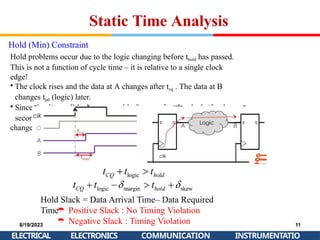 Static Time Analysis
Hold (Min) Constraint
Hold problems occur due to the logic changing before thold has passed.
This is not a function of cycle time – it is relative to a single clock
edge!
• The clock rises and the data at A changes after tcq . The data at B
changes tpd (logic) later.
• Since the data at B had to stay stable for thold after the clock (for the
second register), the
change at B has to be at least thold after the clock edge.
Hold Slack = Data Arrival Time– Data Required
Time


Positive Slack : No Timing Violation
Negative Slack : Timing Violation
8/19/2023
ELECTRICAL
11
INSTRUMENTATIO
ELECTRONICS COMMUNICATION
 