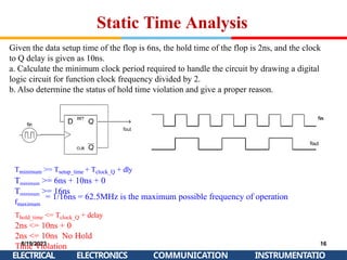 Static Time Analysis
Given the data setup time of the flop is 6ns, the hold time of the flop is 2ns, and the clock
to Q delay is given as 10ns.
a. Calculate the minimum clock period required to handle the circuit by drawing a digital
logic circuit for function clock frequency divided by 2.
b. Also determine the status of hold time violation and give a proper reason.
Tminimum >= Tsetup_time + Tclock_Q + dly
Tminimum >= 6ns + 10ns + 0
Tminimum >= 16ns
8/19/2023
ELECTRICAL
16
INSTRUMENTATIO
ELECTRONICS COMMUNICATION
fmaximum
= 1/16ns = 62.5MHz is the maximum possible frequency of operation
Thold_time <= Tclock_Q + delay
2ns <= 10ns + 0
2ns <= 10ns No Hold
Time Violation
 