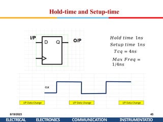 Hold-time and Setup-time
𝐻𝑜𝑙𝑑 𝑡𝑖𝑚𝑒 1𝑛𝑠
𝑆𝑒𝑡𝑢𝑝 𝑡𝑖𝑚𝑒 1𝑛𝑠
𝑇𝑐𝑞 = 4𝑛𝑠
𝑀𝑎𝑥 𝐹𝑟𝑒𝑞 =
1/4𝑛𝑠
8/19/2023
ELECTRICAL
45
INSTRUMENTATIO
ELECTRONICS COMMUNICATION
 