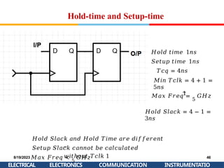 Hold-time and Setup-time
𝐻𝑜𝑙𝑑 𝑡𝑖𝑚𝑒 1𝑛𝑠
𝑆𝑒𝑡𝑢𝑝 𝑡𝑖𝑚𝑒 1𝑛𝑠
𝑇𝑐𝑞 = 4𝑛𝑠
𝑀𝑖𝑛 𝑇𝑐𝑙𝑘 = 4 + 1 =
5𝑛𝑠
1
𝑀𝑎𝑥 𝐹𝑟𝑒𝑞 =
5
𝐺𝐻𝑧
𝐻𝑜𝑙𝑑 𝑆𝑙𝑎𝑐𝑘 = 4 − 1 =
3𝑛𝑠
𝐻𝑜𝑙𝑑 𝑆𝑙𝑎𝑐𝑘 𝑎𝑛𝑑 𝐻𝑜𝑙𝑑 𝑇𝑖𝑚𝑒 𝑎𝑟𝑒 𝑑𝑖𝑓𝑓𝑒𝑟𝑒𝑛𝑡
𝑆𝑒𝑡𝑢𝑝 𝑆𝑙𝑎𝑐𝑘 𝑐𝑎𝑛𝑛𝑜𝑡 𝑏𝑒 𝑐𝑎𝑙𝑐𝑢𝑙𝑎𝑡𝑒𝑑
𝑤𝑖𝑡ℎ𝑜𝑢𝑡 𝑇𝑐𝑙𝑘 1
𝑀𝑎𝑥 𝐹𝑟𝑒𝑞 <
5
𝐺𝐻𝑧
8/19/2023
ELECTRICAL
46
INSTRUMENTATIO
ELECTRONICS COMMUNICATION
 