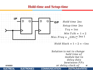 Hold-time and Setup-time
𝐻𝑜𝑙𝑑 𝑡𝑖𝑚𝑒 2𝑛𝑠
𝑆𝑒𝑡𝑢𝑝 𝑡𝑖𝑚𝑒 2𝑛𝑠
𝑇𝑐𝑞 = 1𝑛𝑠
𝑀𝑖𝑛 𝑇𝑐𝑙𝑘 = 1 + 2
= 3𝑛𝑠 1
𝑀𝑎𝑥 𝐹𝑟𝑒𝑞 =
3
𝐺𝐻𝑧
𝐻𝑜𝑙𝑑 𝑆𝑙𝑎𝑐𝑘 = 1 − 2 = −1𝑛𝑠
𝑆𝑜𝑙𝑢𝑡𝑖𝑜𝑛 𝑖𝑠 𝑛𝑜𝑡 𝑡𝑜 𝑐ℎ𝑎𝑛𝑔𝑒
ℎ𝑜𝑙𝑑 𝑡𝑖𝑚𝑒 𝑜𝑓
𝑚𝑜𝑑𝑢𝑙𝑒 𝑏𝑢𝑡 𝑡𝑜
𝑑𝑒𝑙𝑎𝑦 𝑑𝑎𝑡𝑎
𝑏𝑒𝑤𝑡𝑤𝑒𝑒𝑛 𝐹𝐹𝑠
𝑜𝑟 𝑑𝑒𝑙𝑎𝑦 𝑐𝑙𝑜𝑐𝑘 𝑜𝑓
𝑙𝑎𝑢𝑛𝑐ℎ 𝐹𝐹
8/19/2023
ELECTRICAL
47
INSTRUMENTATIO
ELECTRONICS COMMUNICATION
 