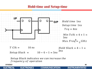 Hold-time and Setup-time
𝑇 𝐶𝑙𝑘 = 10 𝑛𝑠
𝑆𝑒𝑡𝑢𝑝 𝑆𝑙𝑎𝑐𝑘 = 10 − 4 − 1 = 5𝑛𝑠
𝑆𝑒𝑡𝑢𝑝 𝑆𝑙𝑎𝑐𝑘 𝑖𝑛𝑑𝑖𝑐𝑎𝑡𝑒𝑠 𝑤𝑒 𝑐𝑎𝑛 𝑖𝑛𝑐𝑟𝑒𝑎𝑠𝑒 𝑡ℎ𝑒
𝑓𝑟𝑒𝑞𝑢𝑒𝑛𝑐𝑦 𝑜𝑓 𝑜𝑝𝑒𝑟𝑎𝑡𝑖𝑜𝑛
8/19/2023
ELECTRICAL
48
INSTRUMENTATIO
ELECTRONICS COMMUNICATION
𝐻𝑜𝑙𝑑 𝑡𝑖𝑚𝑒 1𝑛𝑠
𝑆𝑒𝑡𝑢𝑝 𝑡𝑖𝑚𝑒 1𝑛𝑠
𝑇𝑐𝑞 = 4𝑛𝑠
𝑀𝑖𝑛 𝑇𝑐𝑙𝑘 = 4 + 1 =
5𝑛𝑠
1
𝑀𝑎𝑥 𝐹𝑟𝑒𝑞 =
5
𝐺𝐻𝑧
𝐻𝑜𝑙𝑑 𝑆𝑙𝑎𝑐𝑘 = 4 − 1 =
3𝑛𝑠
 