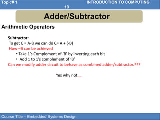 Course Title – Embedded Systems Design
Topic# 1 INTRODUCTION TO COMPUTING
19
Adder/Subtractor
Subtractor:
To get C = A-B we can do C= A + (-B)
How –B can be achieved
• Take 1’s Complement of ‘B’ by inverting each bit
• Add 1 to 1’s complement of ‘B’
Can we modify adder circuit to behave as combined adder/subtractor.???
Yes why not …
Arithmetic Operators
 