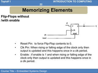 Course Title – Embedded Systems Design
Topic# 1 INTRODUCTION TO COMPUTING
22
Flip-Flops without
/with enable
Memorizing Elements
• Reset Pin: to force Flip-Flop contents to 0.
• Clk Pin: When rising or falling edge of the clock only then
output is updated and this happens once in a clk period.
• Enable : if enable is 1 and when rising or falling edge of the
clock only then output is updated and this happens once in
a clk period.
d
 