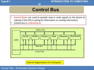 Course Title – Embedded Systems Design
Topic# 1 INTRODUCTION TO COMPUTING
34
Control Bus
• Control Buses are used to provide read or write signals to the device to
indicate if the CPU is asking for information or sending information.
• Control bus is unidirectional.
Internal Organization of a Computer
 