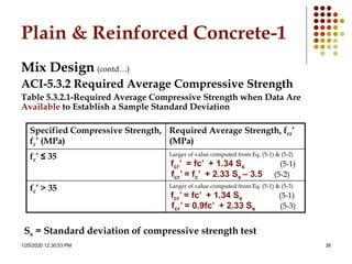 1/25/2020 12:30:53 PM 38
Plain & Reinforced Concrete-1
Mix Design (contd…)
ACI-5.3.2 Required Average Compressive Strength
Table 5.3.2.1-Required Average Compressive Strength when Data Are
Available to Establish a Sample Standard Deviation
Specified Compressive Strength,
fc’ (MPa)
Required Average Strength, fcr’
(MPa)
fc’ ≤ 35 Larger of value computed from Eq. (5-1) & (5-2)
fcr’ = fc’ + 1.34 Ss (5-1)
fcr’ = fc’ + 2.33 Ss – 3.5 (5-2)
fc’ > 35 Larger of value computed from Eq. (5-1) & (5-3)
fcr’ = fc’ + 1.34 Ss (5-1)
fcr’ = 0.9fc’ + 2.33 Ss (5-3)
Ss = Standard deviation of compressive strength test
 