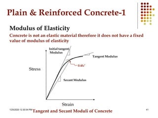 1/25/2020 12:30:54 PM 41
Plain & Reinforced Concrete-1
Modulus of Elasticity
Concrete is not an elastic material therefore it does not have a fixed
value of modulus of elasticity
Strain
Stress
Secant Modulus
Tangent Modulus
Initial tangent
Modulus
Tangent and Secant Moduli of Concrete
0.4fc’
 