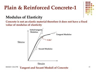 8/6/2020 1:39:23 PM 41
Plain & Reinforced Concrete-1
Modulus of Elasticity
Concrete is not an elastic material therefore it does not have a fixed
value of modulus of elasticity
Strain
Stress
Secant Modulus
Tangent Modulus
Initial tangent
Modulus
Tangent and Secant Moduli of Concrete
0.4fc’
 
