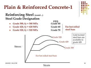 8/6/2020 1:39:23 PM 46
Plain & Reinforced Concrete-1
Reinforcing Steel (contd…)
Steel Grade Designation
 Grade 300, fy = 300 MPa Grade 40
 Grade 420, fy = 420 MPa Grade 60
 Grade 520, fy = 520 MPa Grade 70
FPS
Strain
Grade 300
Grade 420
Grade 520
Stress
For hot rolled
steel bars
Cold twisted
steel bars are
available in
grade 420
For hot rolled steel bars
 