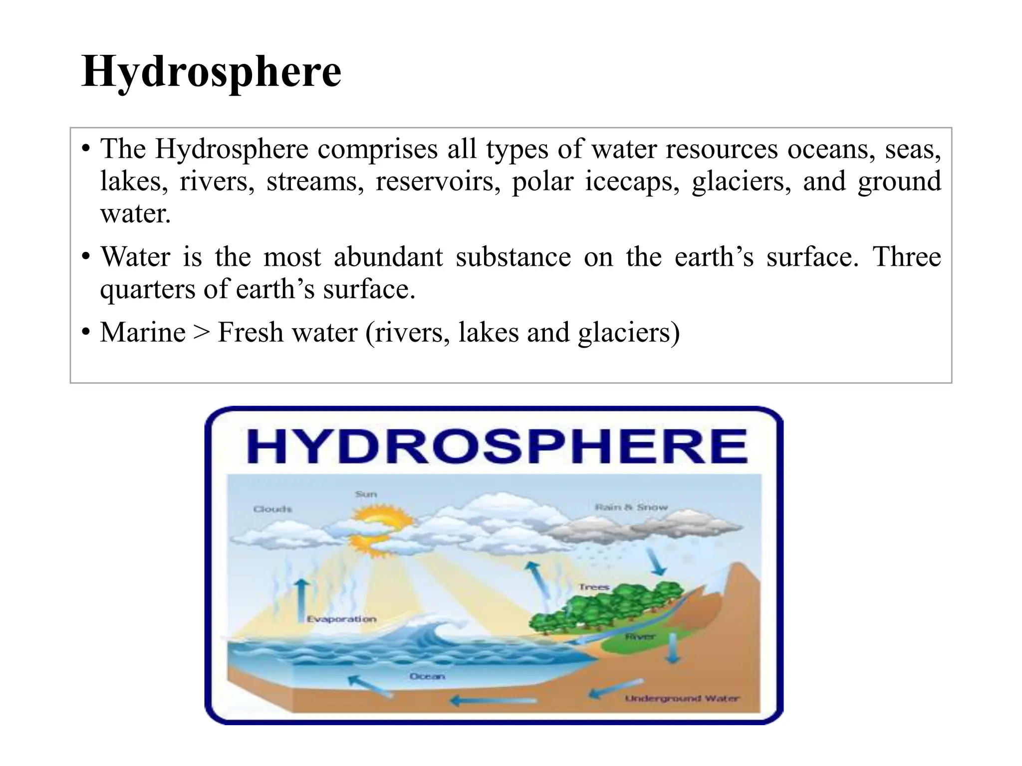 Hydrosphere
• The Hydrosphere comprises all types of water resources oceans, seas,
lakes, rivers, streams, reservoirs, polar icecaps, glaciers, and ground
water.
• Water is the most abundant substance on the earth’s surface. Three
quarters of earth’s surface.
• Marine > Fresh water (rivers, lakes and glaciers)
 