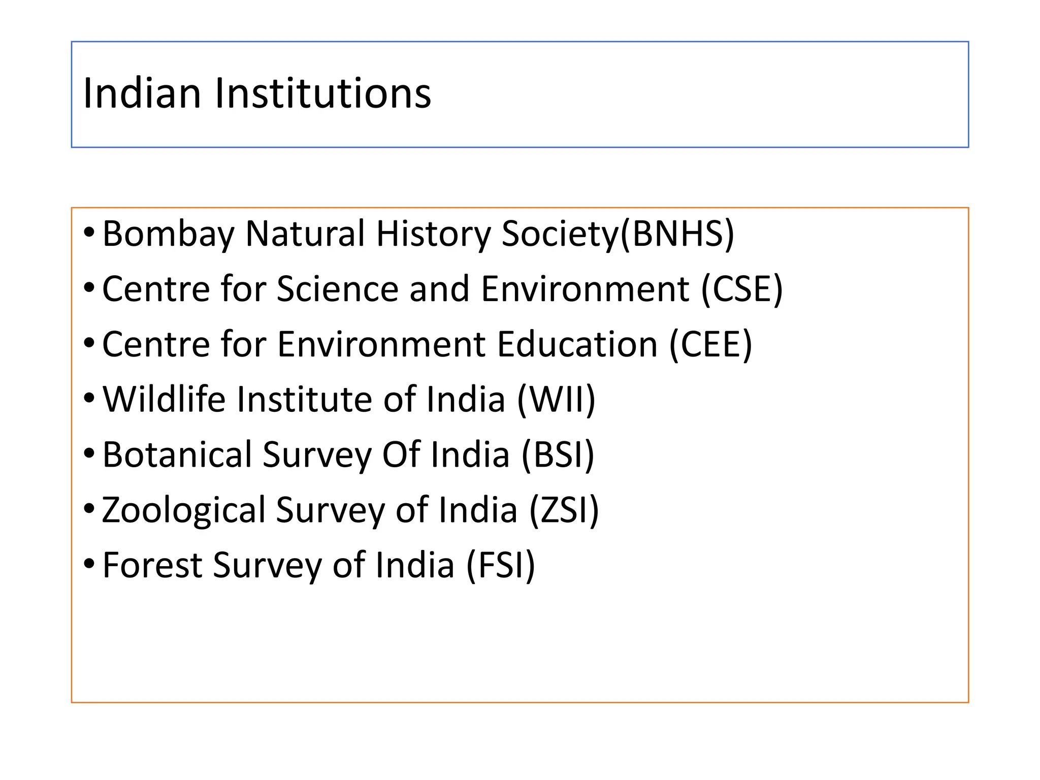 Indian Institutions
•Bombay Natural History Society(BNHS)
•Centre for Science and Environment (CSE)
•Centre for Environment Education (CEE)
•Wildlife Institute of India (WII)
•Botanical Survey Of India (BSI)
•Zoological Survey of India (ZSI)
•Forest Survey of India (FSI)
 