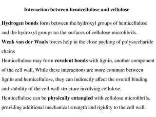 Hydrogen bonds form between the hydroxyl groups of hemicellulose
and the hydroxyl groups on the surfaces of cellulose microfibrils.
Weak van der Waals forces help in the close packing of polysaccharide
chains
Hemicellulose may form covalent bonds with lignin, another component
of the cell wall. While these interactions are more common between
lignin and hemicellulose, they can indirectly affect the overall binding
and stability of the cell wall structure involving cellulose.
Hemicellulose can be physically entangled with cellulose microfibrils,
providing additional mechanical strength and rigidity to the cell wall.
Interaction between hemicellulose and cellulose
 