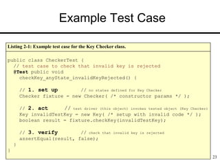 Example Test Case
23
Listing 2-1: Example test case for the Key Checker class.
public class CheckerTest {
// test case to check that invalid key is rejected
@Test public void
checkKey_anyState_invalidKeyRejected() {
// 1. set up // no states defined for Key Checker
Checker fixture = new Checker( /* constructor params */ );
// 2. act // test driver (this object) invokes tested object (Key Checker)
Key invalidTestKey = new Key( /* setup with invalid code */ );
boolean result = fixture.checkKey(invalidTestKey);
// 3. verify // check that invalid key is rejected
assertEqual(result, false);
}
}
 