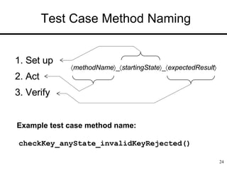Test Case Method Naming
24
methodName_startingState_expectedResult
1. Set up
2. Act
3. Verify
methodName_startingState_expectedResult
1. Set up
2. Act
3. Verify
Example test case method name:
checkKey_anyState_invalidKeyRejected()
 