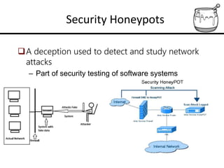 Security Honeypots
A deception used to detect and study network
attacks
– Part of security testing of software systems
 