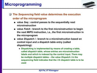 Ajit Pal, IIT Kharagpur
Microprogramming
 The Sequencing field value determines the execution
order of the microprogram
■ value Seq : control passes to the sequentially next
microinstruction
■ value Fetch : branch to the first microinstruction to begin
the next MIPS instruction, i.e., the first microinstruction in
the microprogram
■ value Dispatch i : branch to a microinstruction based on
control input and a dispatch table entry (called
dispatching):
● Dispatching is implemented by means of creating a table,
called dispatch table, whose entries are microinstruction
labels and which is indexed by the control input. There may
be multiple dispatch tables – the value Dispatch i in the
sequencing field indicates that the i th dispatch table is to be
used
 
